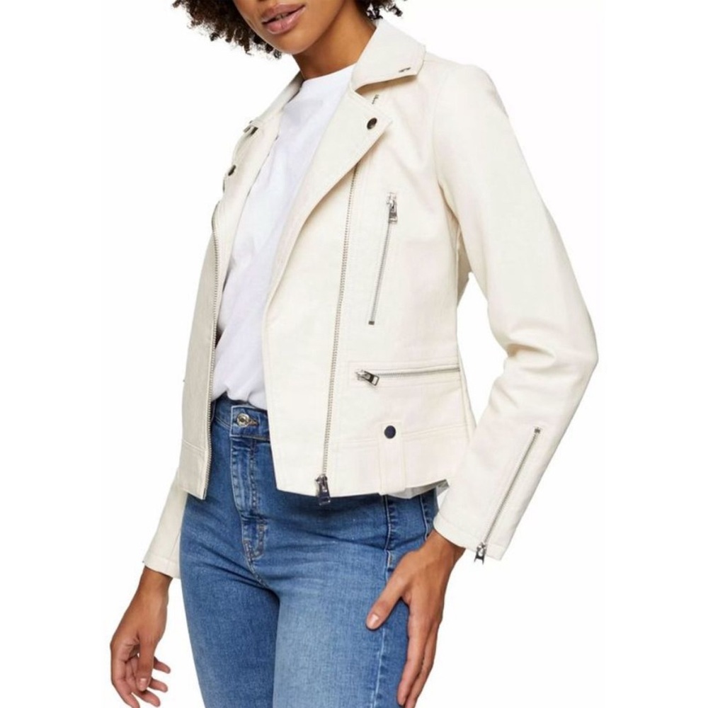 Topshop Fred Faux Leather Biker Jacket in color Ecru - size 8